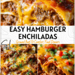 Golden baked hamburger enchiladas easy with gooey cheese and savory beef filling on a dinner table platter. 2